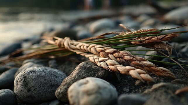 Braided sweetgrass display riverbank realistic photograph natural environment close-up view cultural heritage