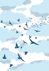 Abstract Cloudy Sky with Flying Birds Silhouette in Pastel Tones