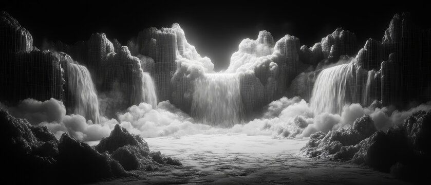 Futuristic digital reality landscape with wireframe mountains and waterfalls for creative design concepts