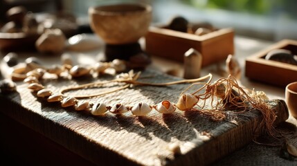 Crafting culture ceremonial shell necklace traditional workshop photography natural light close-up cultural heritage