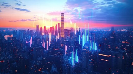 Fototapeta premium digital stock market charts over cityscape, holographic economic trends