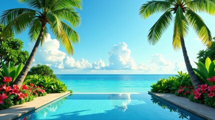 Fototapeta premium Tranquil Oceanside Pool Escape Lush Tropical Paradise with Vibrant Blooms and Serene Azure Waters