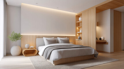 Modern bedroom interior with accent lighting, wooden furniture, cozy bed, neutral colors, and minimalist decor create calm and inviting atmosphere