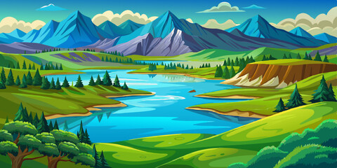 Amazing summer illustration landscape with field green hills, lake and forest. Vector in trendy flat simple style. banner, greeting card or poster, blue sky and clouds