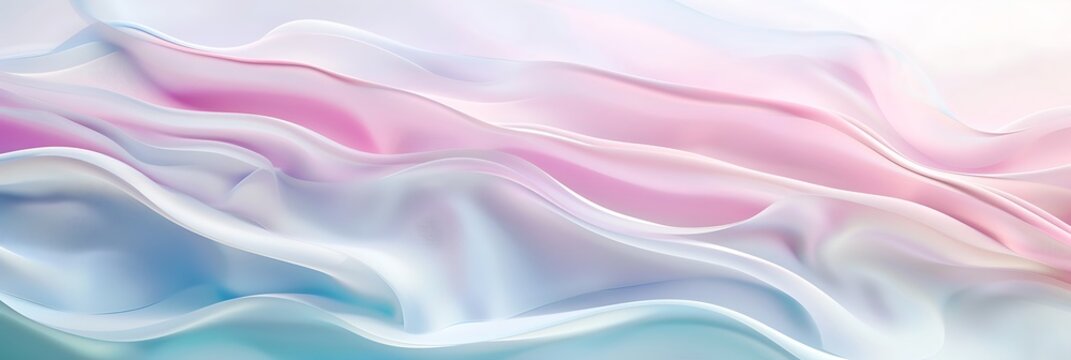 Fondo abstracto de tela suave y fluida, como seda o sat&eacute;n, ondeando suavemente en delicados colores pastel rosa, azul y blanco. Textura elegante y et&eacute;rea.
