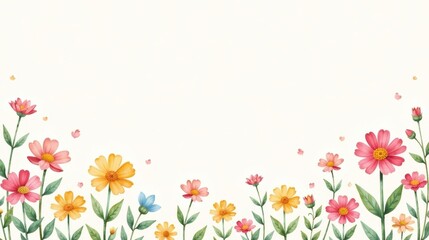 A Delicate Border of Vibrant Watercolor Flowers, Featuring a Soft White Background, Ideal for Invitations or Announcements