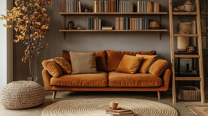 Interior design of stylish room with brown sofa, wooden ladder, books, and warm home decor.
