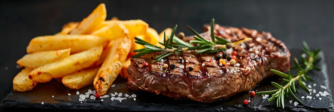 Primer plano de un filete de ternera a la parrilla sazonado con romero y pimienta, servido con patatas fritas crujientes sobre una pizarra oscura. Comida abundante.
