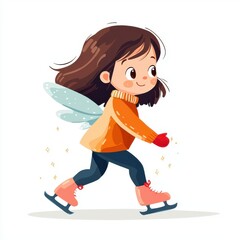 Cartoon Girl with Wings Ice Skating Winter Fun Holiday Celebration Joyful Recreation Festive