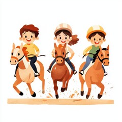 Fototapeta premium Cheerful Cartoon Children Joyfully Riding Horses in a Sunny Day Scene Artwork