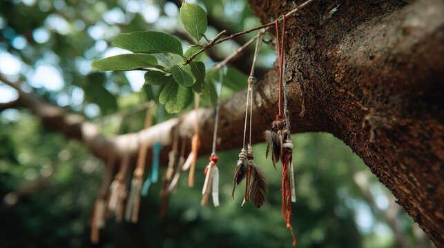 Traditional prayer ties hanging on tree branch nature scene photography forest environment close-up view cultural significance