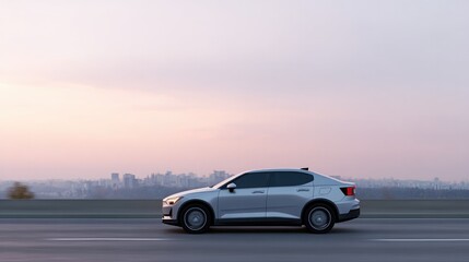 sleek autonomous electric vehicle navigating futuristic urban street at twilight