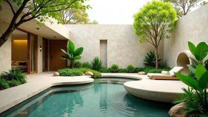 Serene Minimalist Courtyard Oasis Featuring a Modern Plunge Pool and Lush Greenery