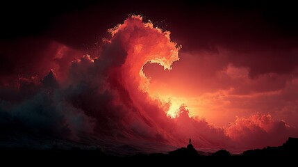 Silhouette figure on a hilltop, fiery clouds