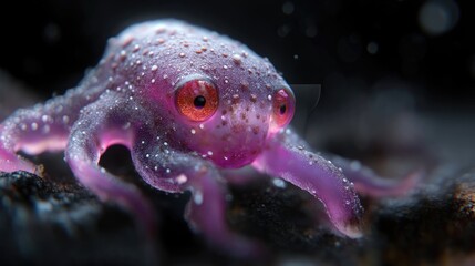 Tiny, Magenta, Tentacled Creature. Close-up view of a small, translucent, pinkish-purple cephalopod, resembling an octopus or similar invertebrate.  Features prominent,