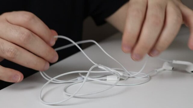 Person untangling white earphone wires on a table