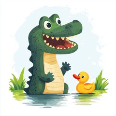 Cartoon Crocodile and Duck Friend Illustration