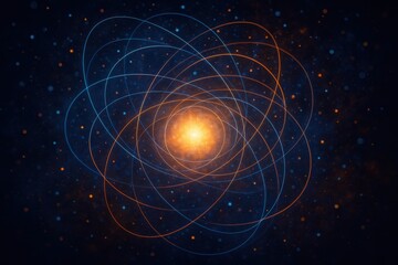 An abstract representation of atomic structure, featuring swirling orbits of electrons around a central nucleus
