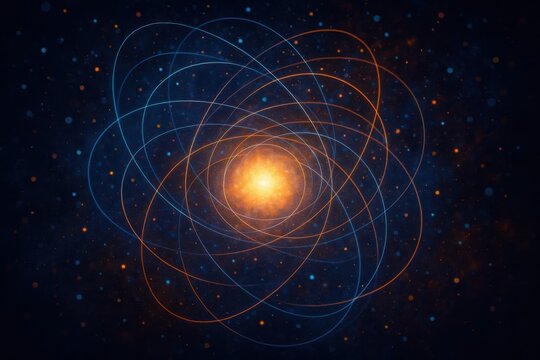 An abstract representation of atomic structure, featuring swirling orbits of electrons around a central nucleus