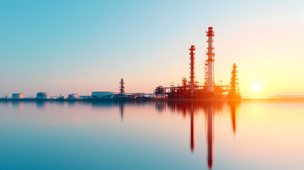 Naklejka premium Industrial Refinery at Sunset Reflected in Calm Water