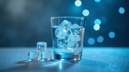 Refreshing Ice Cubes in a Glass of Water with a Cool Blue Background