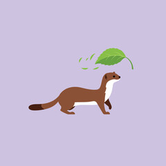 Brown weasel walking under green leaf on light purple background simple nature illustration 