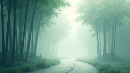 Fototapeta premium Serene Pathway Winding Through a Misty Bamboo Forest, a Path of Tranquility and Mystery