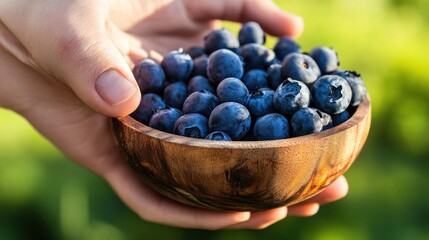 Freshly Picked Blueberries in Wooden Bowl