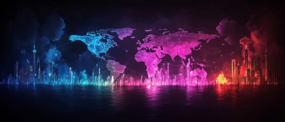 Vibrant global connectivity map with futuristic skyline for digital and networking themes