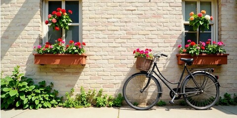 A Classic Bicycle Leaned Against a Brick Wall Adorned with Vibrant Window Boxes Overflowing with Blooming Flowers