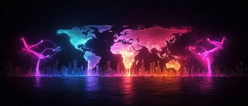 Vibrant global connectivity concept with abstract world map and futuristic cityscape reflections