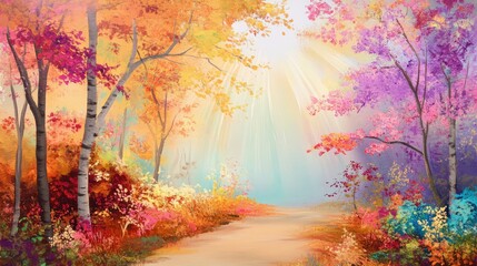Autumn landscape with path through golden woods, sunlight filtering through colorful foliage