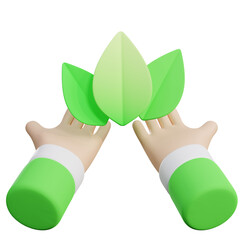 3D Illustration of Hand Holding Green Leaves - Eco-Friendly