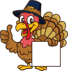 Funny Cartoon Thanksgiving Turkey Holding Blank Sign and Giving Thumbs Up