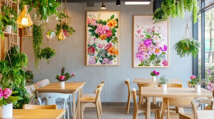 Cozy garden-style cafe with hanging plants, rustic wood decor, and vibrant floral prints on the walls
