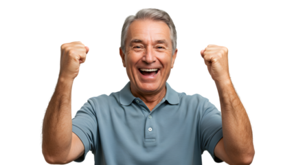 Excited senior man celebrating success portrait isolated happy mature male winning achievement joy 100 char on transparent background