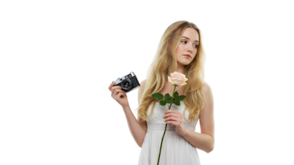 Portrait of a young woman holding a vintage camera and a rose on an isolated background studio shot on transparent background