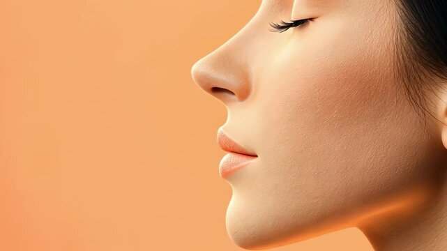 Profile of a woman breathing with closed eyes, showing perfect nose and skin pores after rhinoplasty surgery, cosmetology and beauty treatment