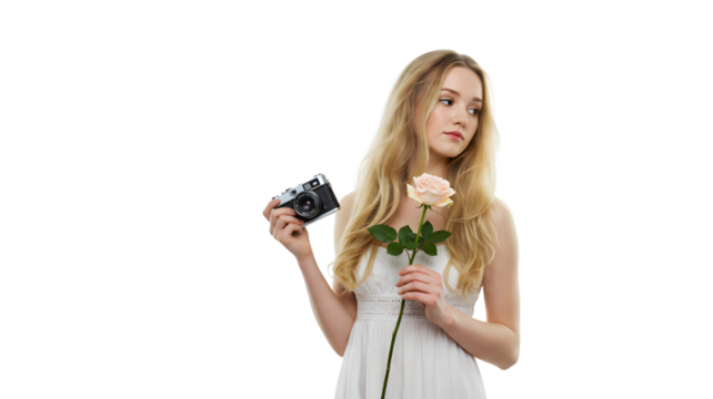 Portrait of a young woman holding a vintage camera and a rose on an isolated background studio shot on transparent background