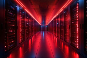 Data Center Server Room with Red Light Illumination for High Performance Computing Environment