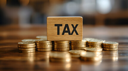 Word tax on wooden block on stacked gold coins