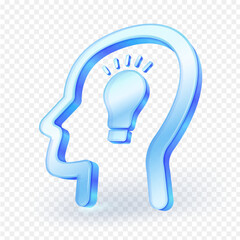 3D transparent blue glass icon of a human head with a glowing light bulb inside, symbolizing creativity, innovation, and brainstorming. Perfect for business, education, and technology. EPS file.