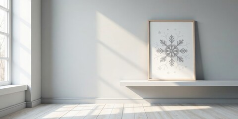 Fototapeta premium Minimalist Winter Scene A Framed Snowflake Design on a Floating Shelf in a Sunlit Room