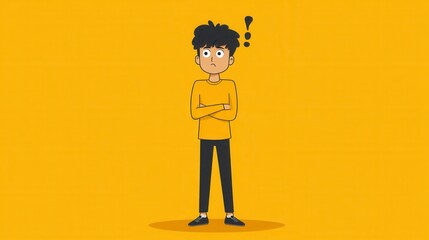 Pixel art illustration of a person in a yellow outfit, arms crossed, looking confused against a solid yellow background. 
