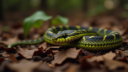 Obraz premium Coiled Snake with Yellow and Black Scales on Forest Floor