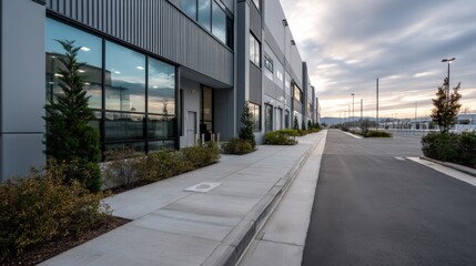 Obraz premium Modern Gray Building Exterior with Green Landscaping at Dusk