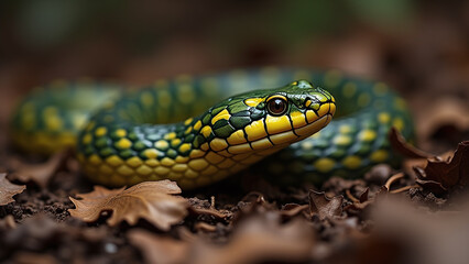 Fototapeta premium Green and Yellow Snake Coiled on Ground