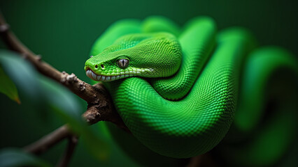 Green Snake Coiled on Branch