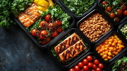 Healthy meal prep containers filled with diverse nutritious foods.