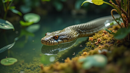 Obraz premium Snake Head Submerged in Water with Greenery